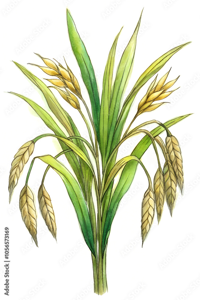 Fototapeta premium Lush Green Wheat Plant with Golden Ears in Watercolor Style