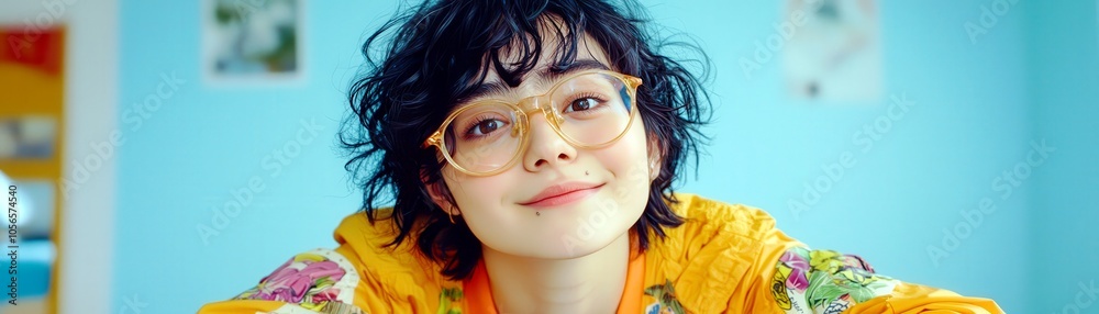 Joyful Woman in Colorful Outfit Smiling Brightly Joyful Woman in Colorful Outfit Smiling Brightly