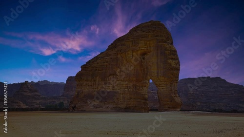 Elephant Rock in Al Ula, Madinah, near Madain Saleh, Saudi Arabia (KSA) Saudi Arabia. Unesco World Heritage site, a landscape of sand, rocks, canyon and and tombs. Near to Hegra and main tourist site