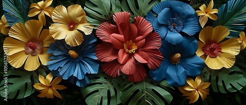 Paper art of pastel flowers and leaves in arrangement.