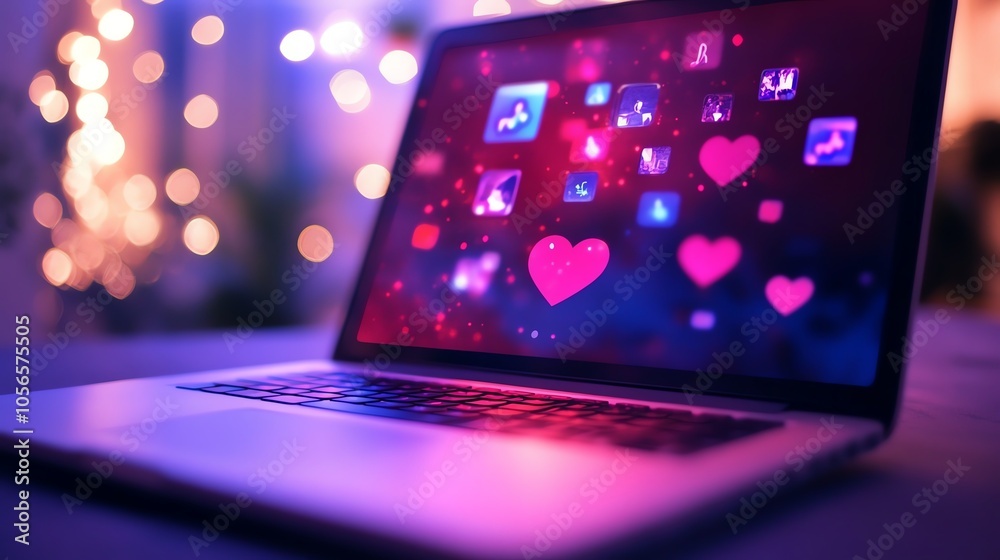 Laptop displaying social media icons and hearts, glowing in vibrant colors against a blurred background. Laptop displaying social media icons and hearts, glowing in vibrant colors against a blurred background.