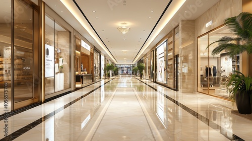 Modern shopping mall interior with elegant lighting and polished floors, showcasing luxury retail spaces. photo