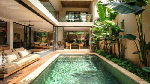 tropical exterior with plant sofa and swiming pool Minimalist style