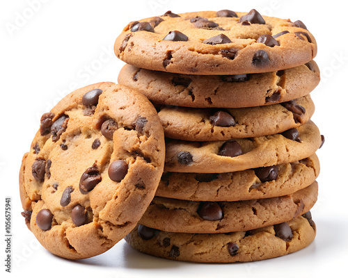 A Stack of Dark Chocolate Chip Cookies Isolated on White Background.