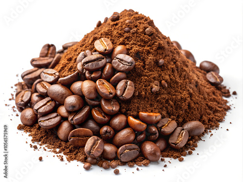  Heap of Ground Coffee and Coffee Beans Isolated on a White Background.