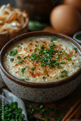 A Bowl of Creamy Soup Topped with Sesame Seeds, Chives, and a Drizzle of Soy Sauce