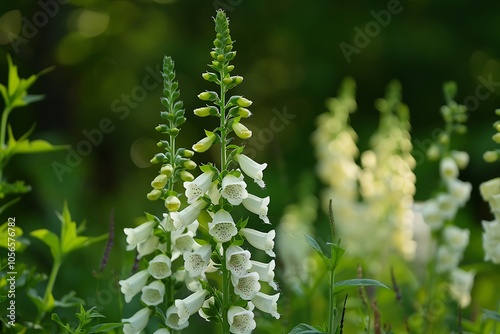 The Herbal Plant Pudina Also Known as Mentha spicate or Spearmint, Green basil plant with white flowers. Basil blooms on a sunny day. A bee on a flower, Lush white flowering basil plants illuminated  photo