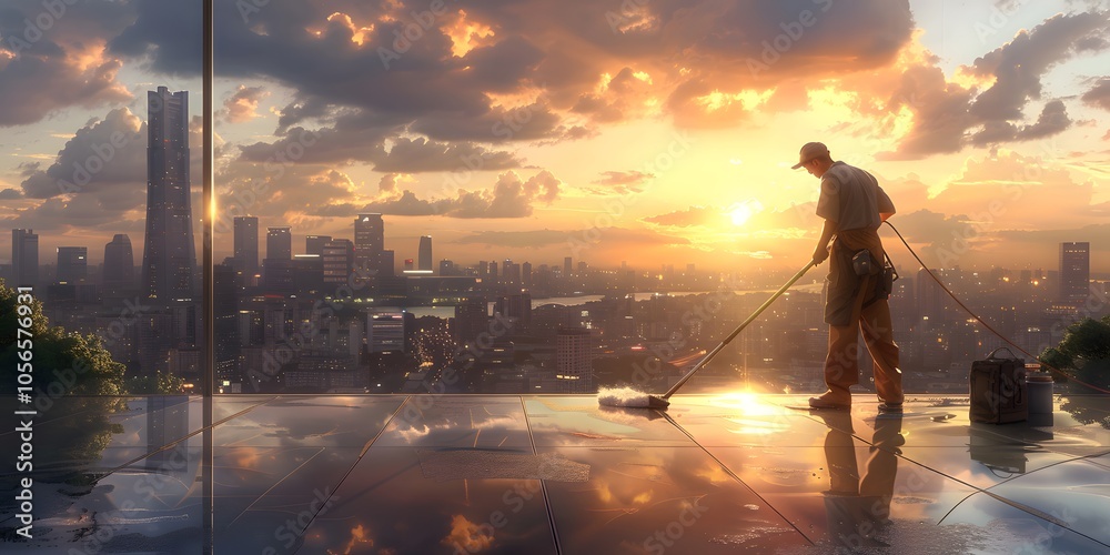 Fototapeta premium High-rise window cleaner overlooking cityscape at dusk.