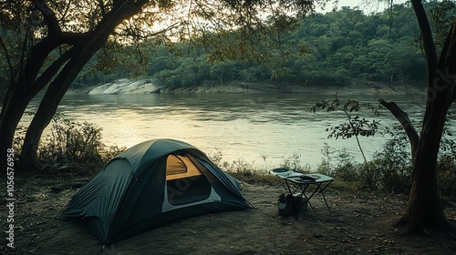 Tent by the riverside, surrounded by trees and nature, perfect for camping adventures and outdoor relaxation. photo