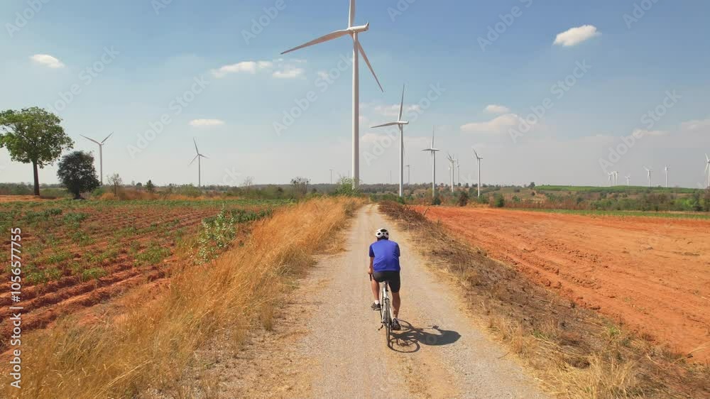 custom made wallpaper toronto digitalDrone view of active sportsman riding bicycle at the wind turbine field.