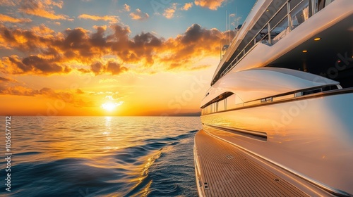 Luxury yacht at sunset on the ocean.