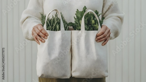 Close up of Hands Holding Reusable Canvas Bags for Eco Conscious Shopping on Green Monday