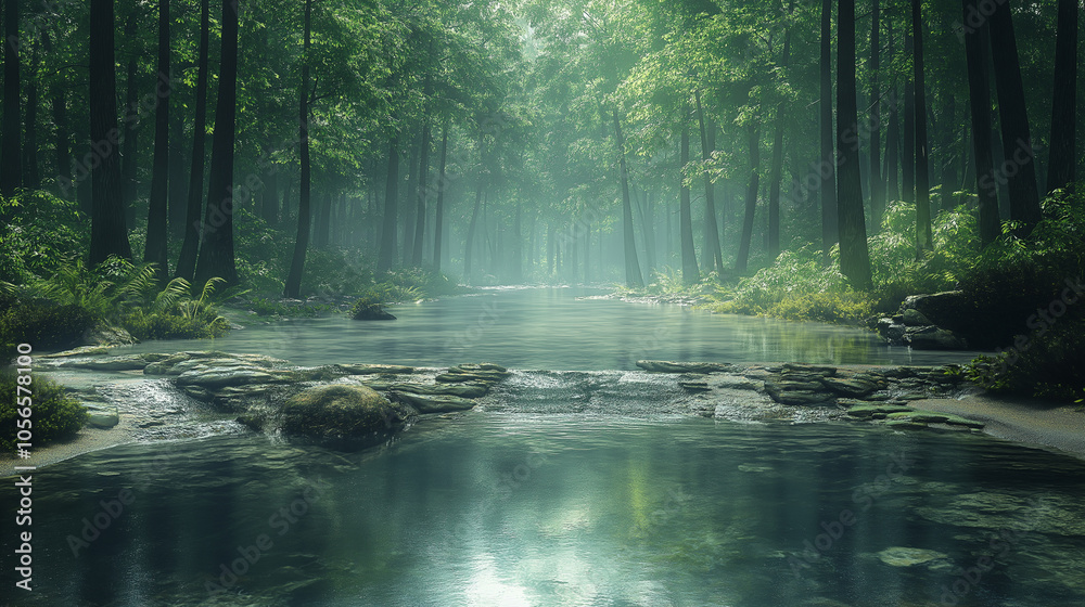 Obraz premium waterfall in the woods , ,Background illustration Beautiful nature landscape Forest River Waterfall and flowers