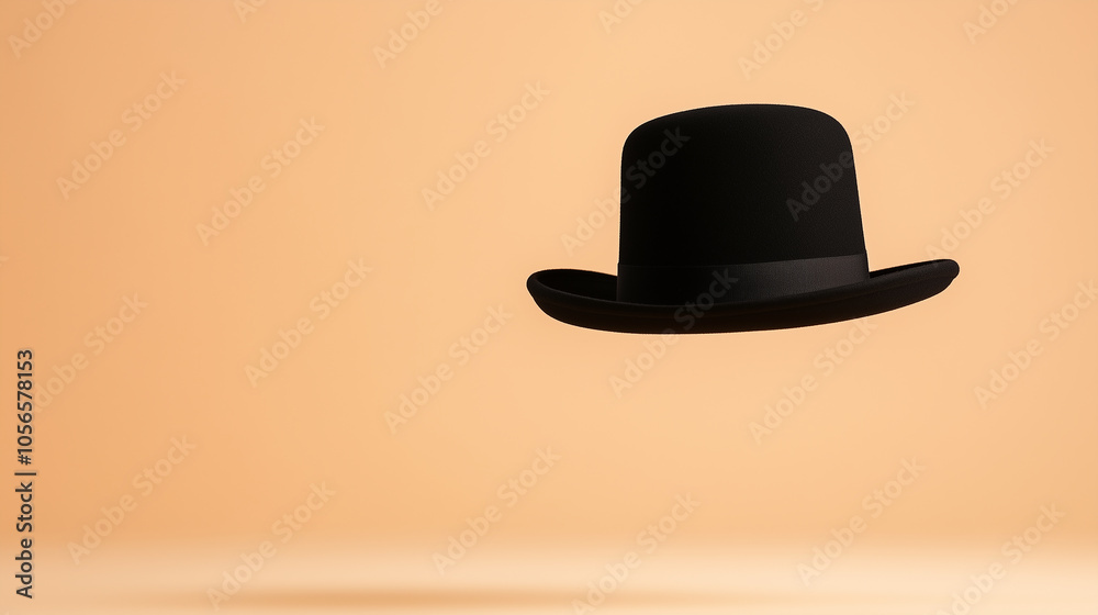 Levitating Black Bowler Hat on a Beige Background Levitating Black Bowler Hat on a Beige Background