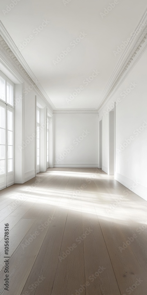 Obraz premium A long hallway with white walls and wooden floors. The hallway is empty and has a very clean and minimalist look