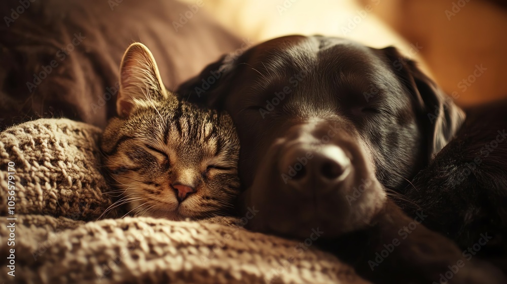 A playful dog and cat snuggling together on a cozy blanket, showcasing warmth and friendship. A playful dog and cat snuggling together on a cozy blanket, showcasing warmth and friendship.