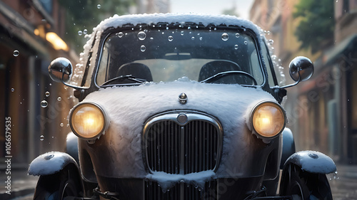 Close-up of a vintage car's front headlight and windshield covered in soap foam, with water bubbles dripping against a blurred background.