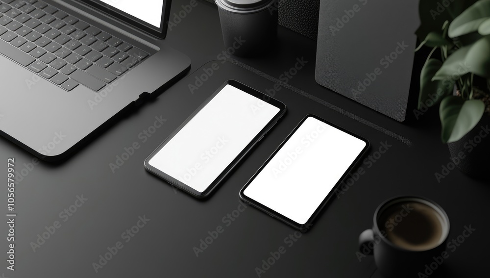 Black and White Minimalist Workspace with Devices and Coffee Black and White Minimalist Workspace with Devices and Coffee