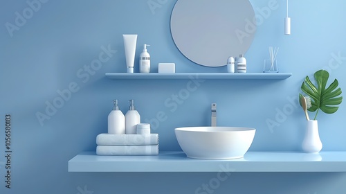 Blue wall and a shelf in the bathroom with hygiene accessories photo