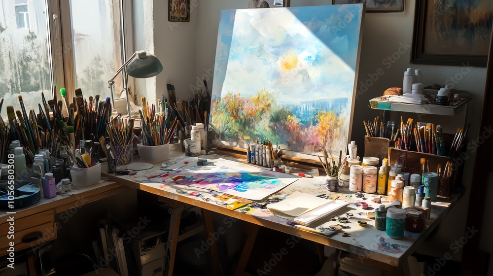 Art studio with easel, paint supplies, and colorful artwork in a bright, creative space. Art studio with easel, paint supplies, and colorful artwork in a bright, creative space.