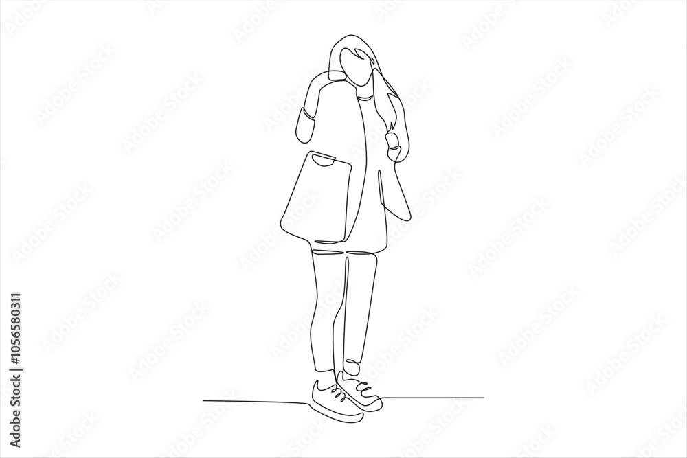 A minimalist line drawing of a person standing, holding a bag and wearing casual attire. A minimalist line drawing of a person standing, holding a bag and wearing casual attire.