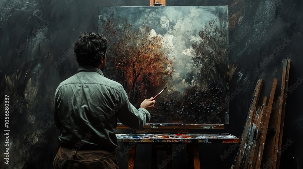 Fototapeta premium Artist painting an autumn landscape on canvas, surrounded by creative materials and a dramatic studio backdrop.