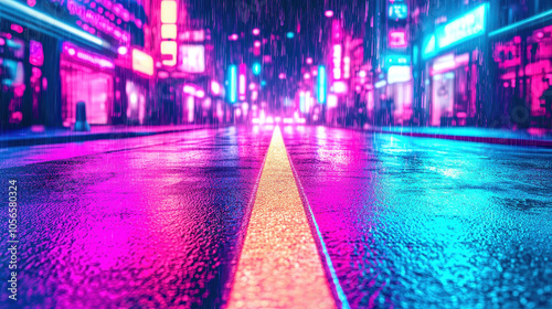 Wallpaper Mural Vibrant neon lit city street at night, reflecting colorful lights on wet pavement. atmosphere is lively and dynamic, enhanced by rain Torontodigital.ca