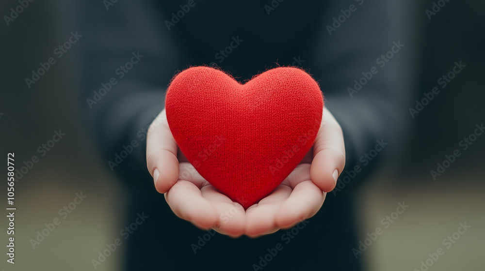 A pair of hands gently cradles a soft, red heart-shaped object. A pair of hands gently cradles a soft, red heart-shaped object.