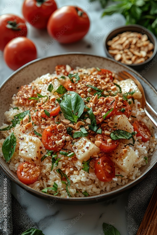 A Bowl of Rice Salad with Tomatoes, Pineapple, Basil, and Peanuts