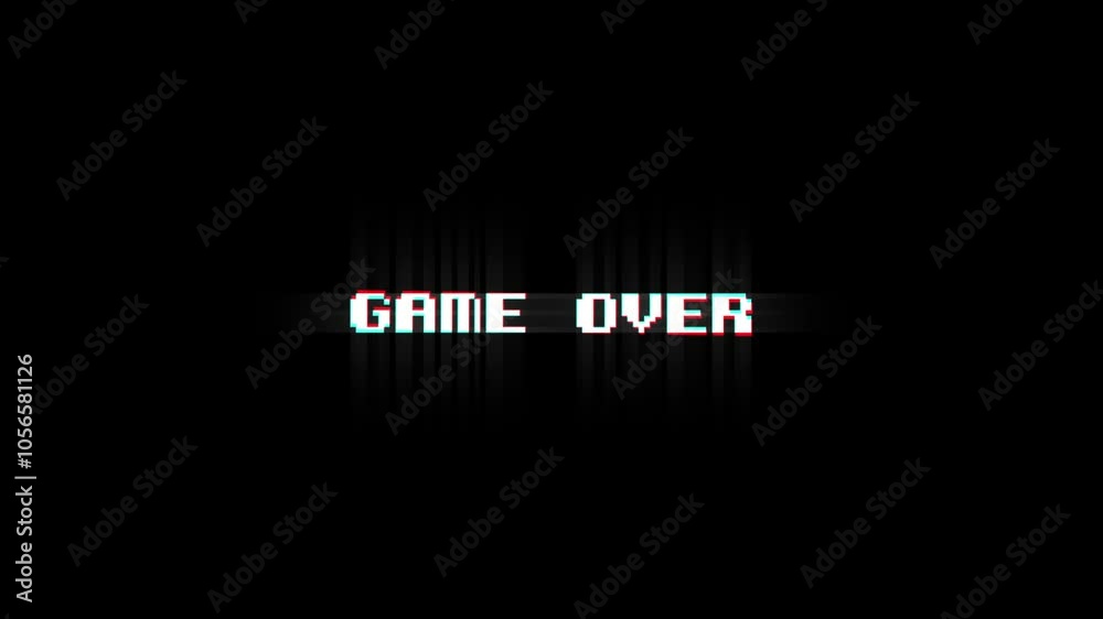 Simple Pixelated retro game over text with glitch and static effects transitioning colors