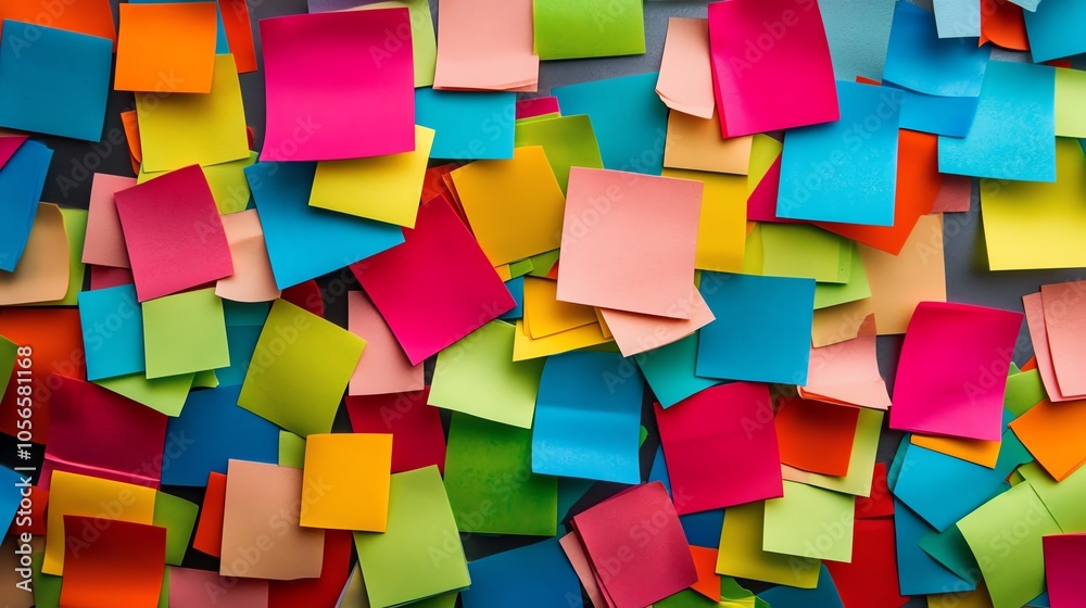 Colorful sticky notes scattered on a surface, vibrant background, perfect for organization and creativity. Colorful sticky notes scattered on a surface, vibrant background, perfect for organization and creativity.