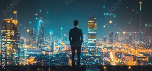 Businessman Looking Over a Cityscape at Night