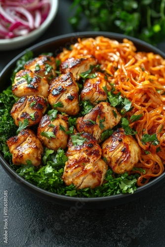 Close-up of a Bowl of Grilled Chicken, Noodles, and Greens