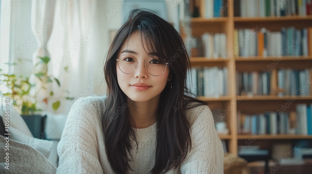 Cozy Indoor Portrait of a Young Woman with Glasses in a Book-filled Room Cozy Indoor Portrait of a Young Woman with Glasses in a Book-filled Room
