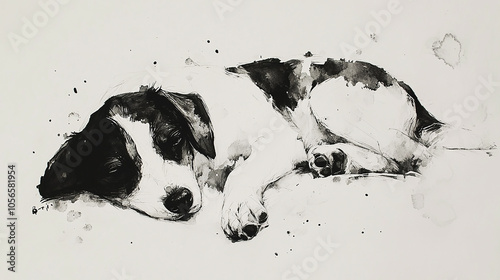 black and white sleeping dog charcoal pencil drawing in white background. 