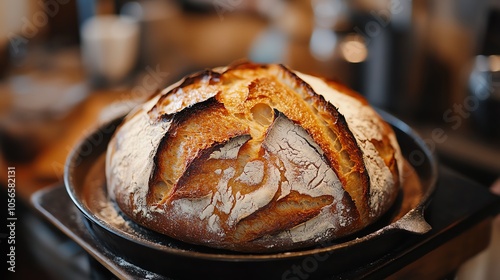 Freshly baked bread loaf on a black pan, showcasing a golden crust and artisanal texture.