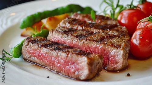 Grilled steak with fresh vegetables on a plate, showcasing perfect cooking and vibrant colors.