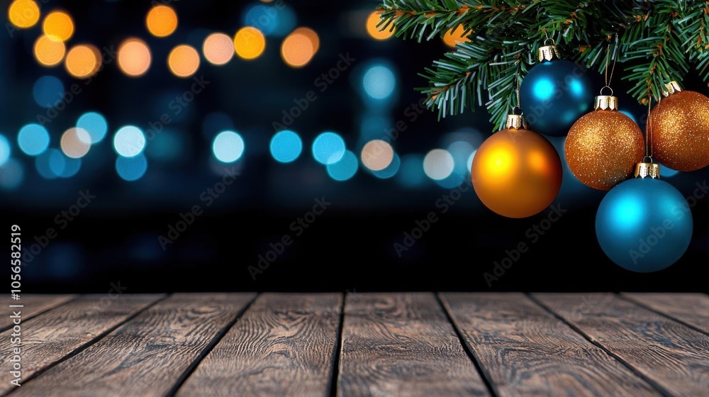 Fototapeta premium A photostock of colorful Christmas baubles on a wooden table, with a blurred background.
