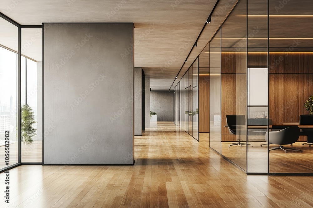 Modern Office Interior with Glass Walls and Wooden Panels Modern Office Interior with Glass Walls and Wooden Panels