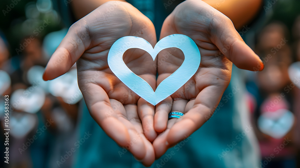 Hands holding heart shape paper family cutout, foster care, homeless support, world mental health day, Autism support Hands holding heart shape paper family cutout, foster care, homeless support, world mental health day, Autism support