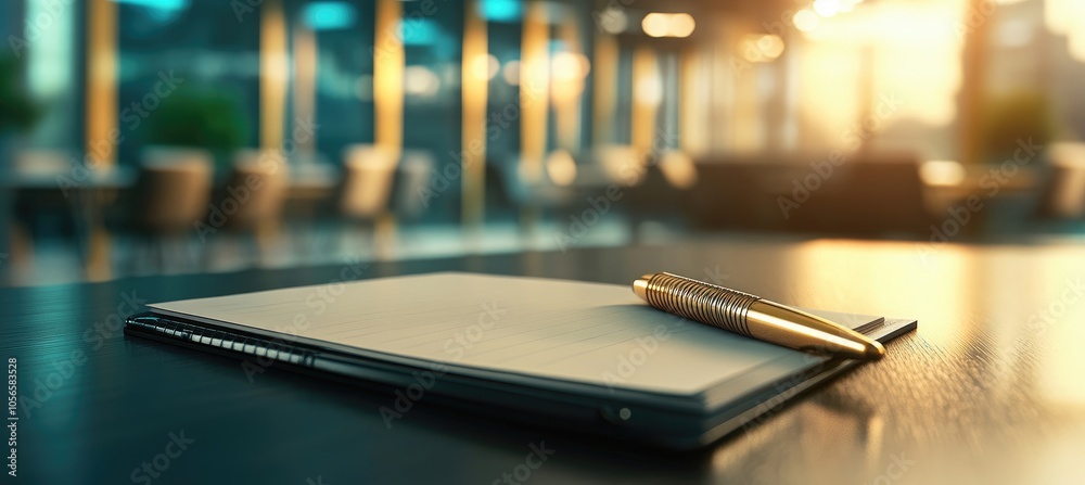 Golden Pen on Notebook in Office Setting Golden Pen on Notebook in Office Setting