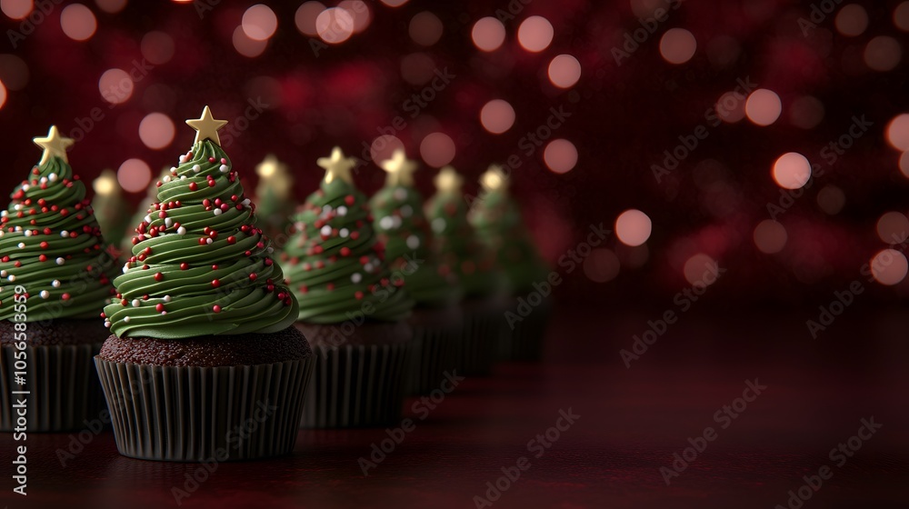 Festive Christmas cupcakes shaped like trees, decorated with green icing and colorful sprinkles, set against a blurred red background. Festive Christmas cupcakes shaped like trees, decorated with green icing and colorful sprinkles, set against a blurred red background.