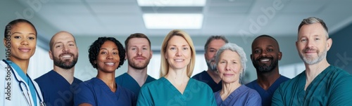 diverse group of healthcare professionals, including doctors and nurses, stand confidently in hospital corridor, showcasing teamwork and dedication to patient care