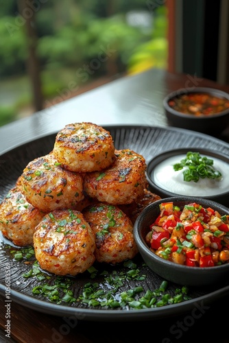 Fried Rice Cakes with Spicy Dipping Sauces and Garnishes