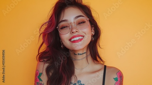 A stylish young woman showcasing her floral tattoos and glasses smiles warmly at the camera while standing in a sunlit interior. The atmosphere is inviting and relaxed.