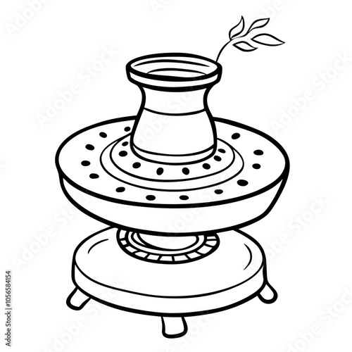 Black and White Pottery Wheel with Vase and Leaf Line Art Illustration