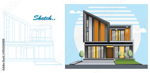  An Illustration of Modern Minimalist Template House Design with Blueprint Sketch, featuring a clean and contemporary two-story structure.  