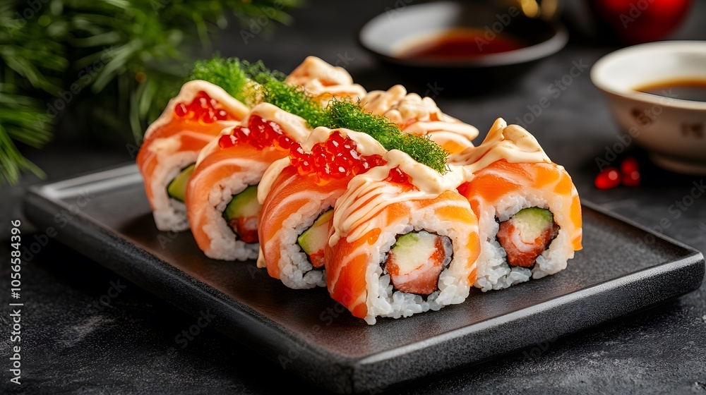 A beautifully plated sushi roll topped with salmon, roe, and garnishes on a black dish, set against a dark background. A beautifully plated sushi roll topped with salmon, roe, and garnishes on a black dish, set against a dark background.