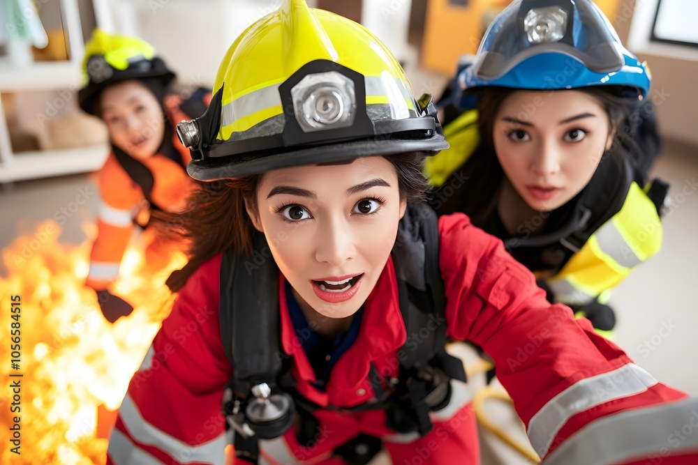 Three women in firefighter gear pose confidently in front of flames, showcasing bravery and teamwork in an emergency response setting. Three women in firefighter gear pose confidently in front of flames, showcasing bravery and teamwork in an emergency response setting.
