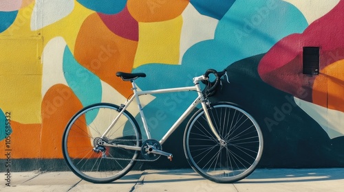 White Bicycle Against Colorful Wall photo